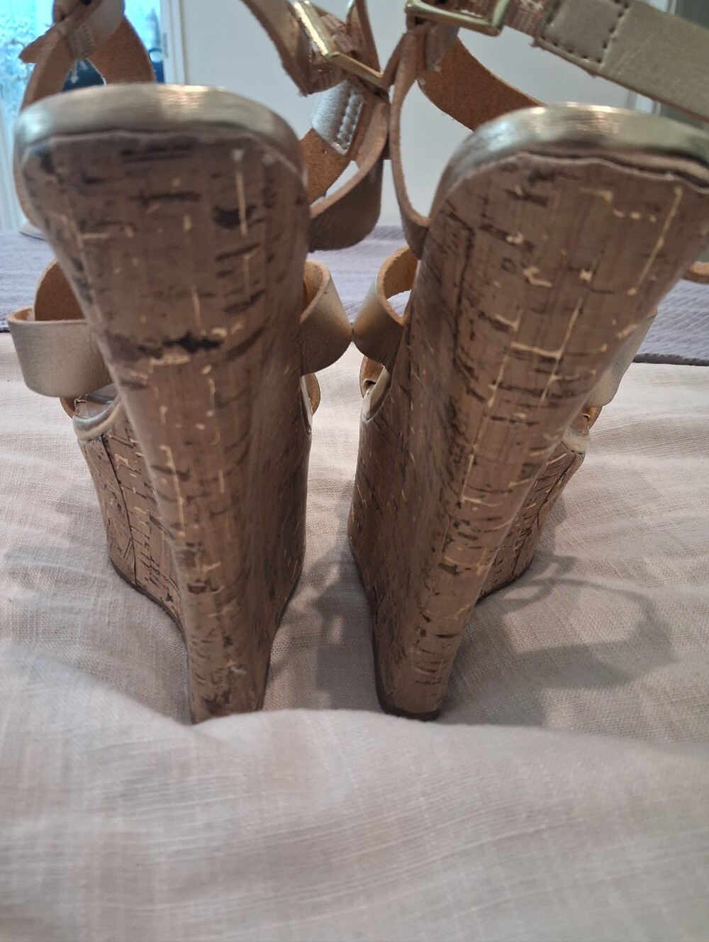 Just Fab Metallic Gold Cork Wedge Sandals - Women Size 8 - Picture 5 of 7